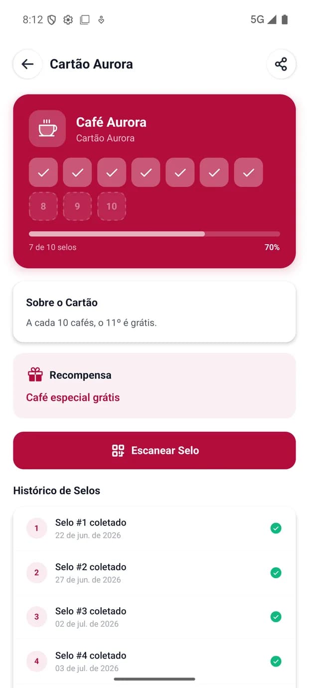 Cartão de selos com progresso no app