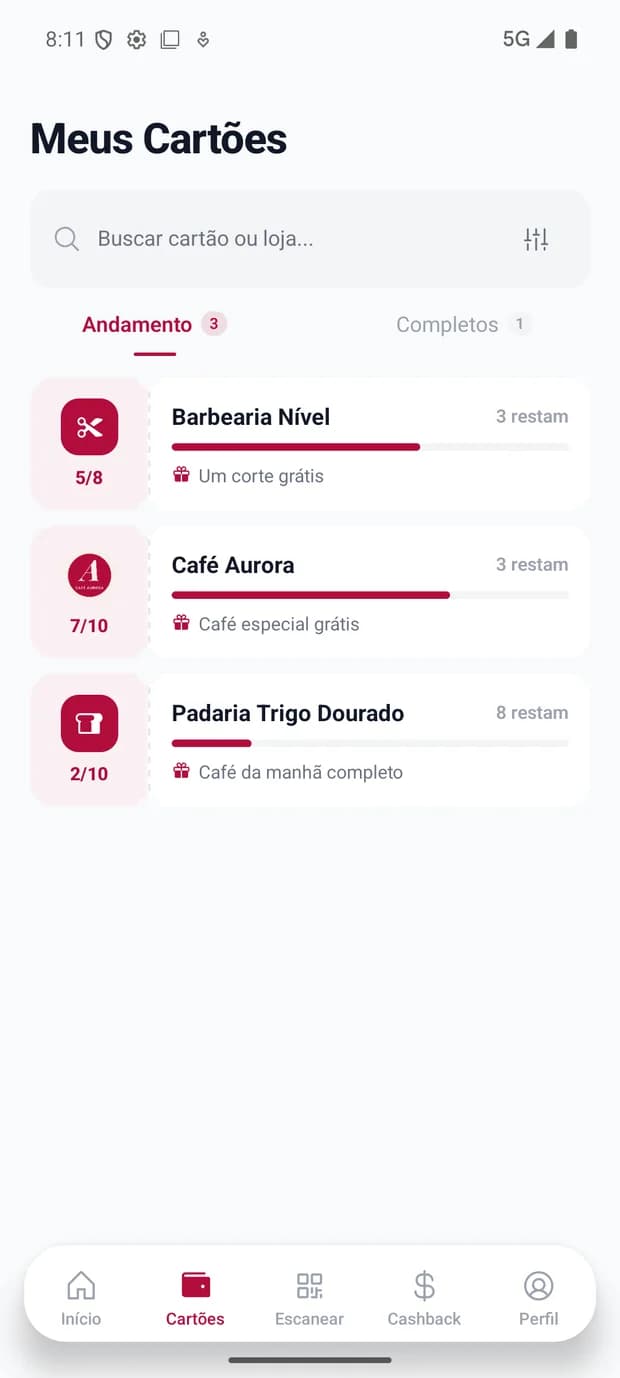 Carteira de cartões de fidelidade no app