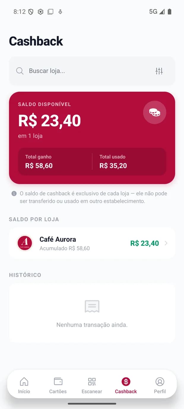 Saldo de cashback no app