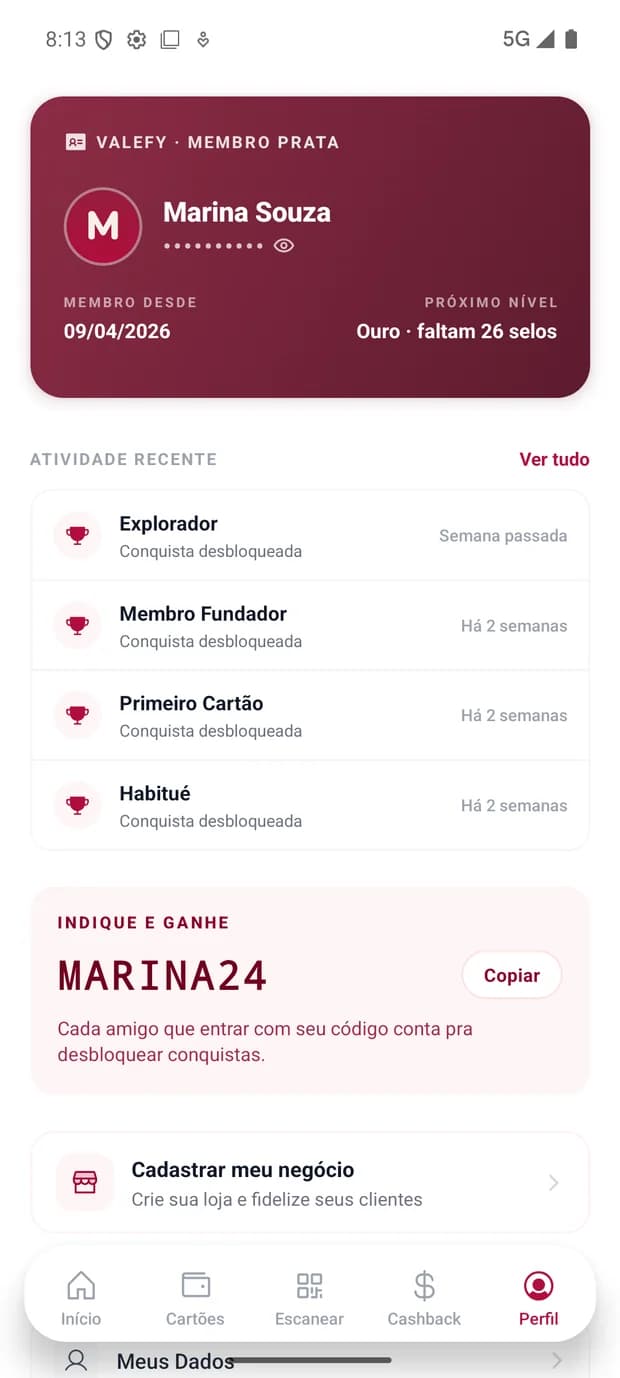 Perfil com conquistas no app
